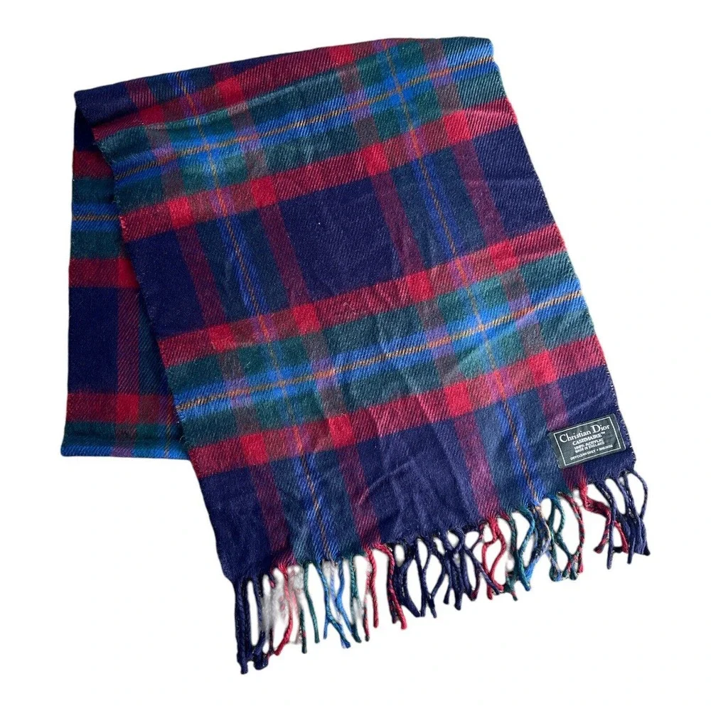 Christian Dior Multicolor Blue Plaid Cashmere Scarf 14.5x70